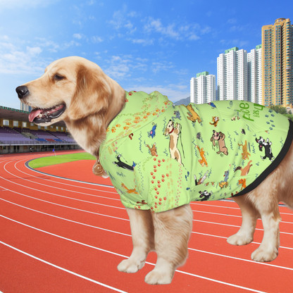 Marathon ready, Whimsical Dog Hoodie: Dogs Chasing Cats & Mice in a Fun Chase Scene, "Paws-ing My Run?  Only For Treats" Green,