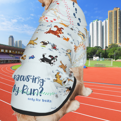 Cute Dog Hoodie: Fun Design of Dogs, Cats & Mice in a Chase Twist, "Paws-ing my Run?  Only for Treats"  in blue, multiple colors available