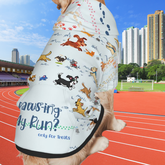 Cute Dog Hoodie: Fun Design of Dogs, Cats & Mice in a Chase Twist, "Paws-ing my Run?  Only for Treats"  in blue, multiple colors available