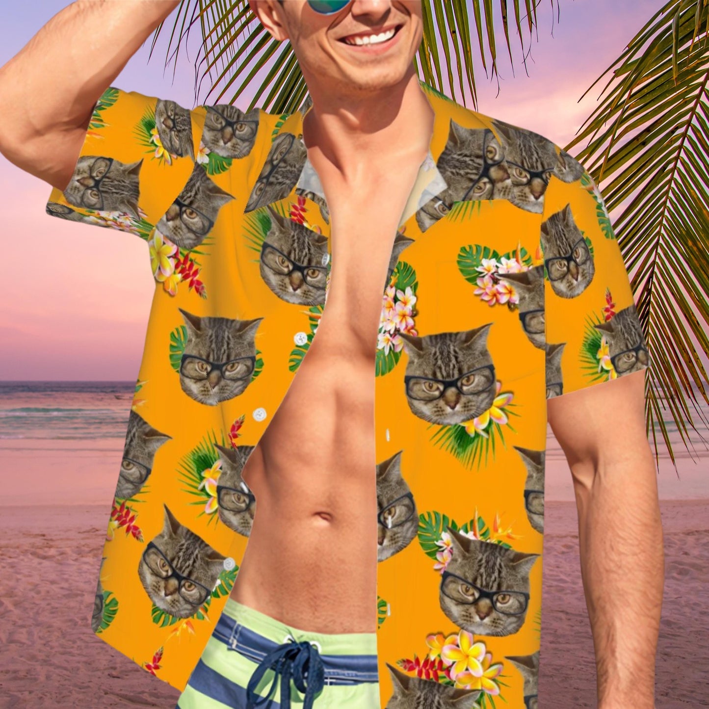 Personalized Hawaiian Shirts Pet and Human, Photos of Heads Print on Matching Hawaiian Shirts, Button-up Shirts, Cat and Dog Available