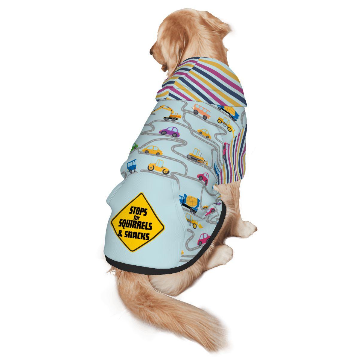Unique Car Dog Hoodie, Driving with Warning Sign Stops for Squirrels and Snacks, Matching Pet Outfits