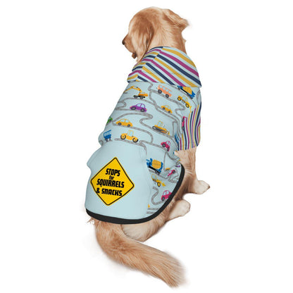 Unique Car Dog Hoodie, Driving with Warning Sign Stops for Squirrels and Snacks, Matching Pet Outfits