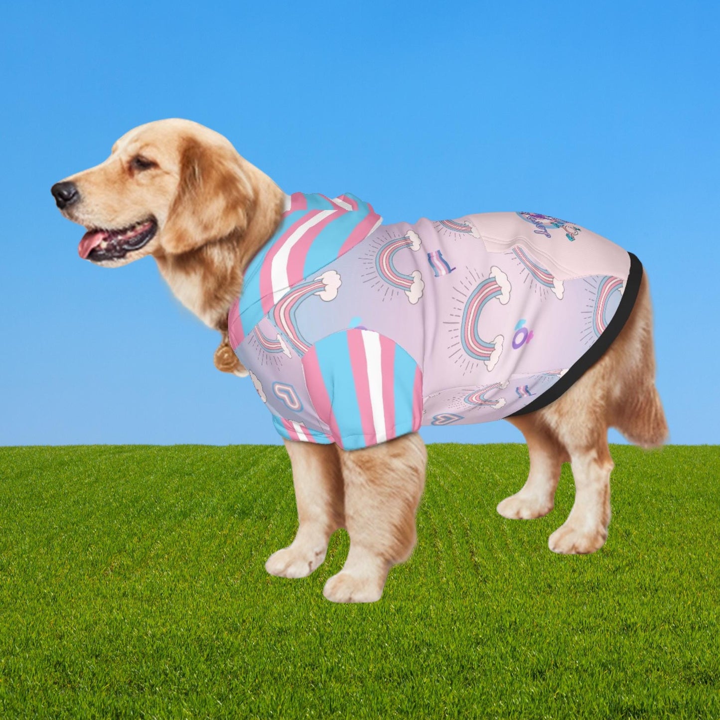 Trans Flag Dog Hoodie - Love Is Love - Hearts Not Parts - LGBTQ Pet Apparel, Perfect Fashion for Pride Parade and Walks to the Park