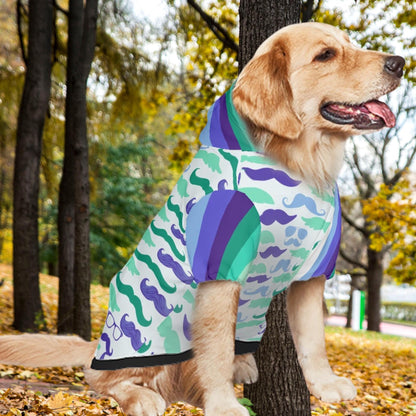 Gay Men's Flag Color Blue Dog Hoodie with Mustaches Design, Fun Fashionable Dog Hoodie in sizes Small to XXL, Fathers Day gift