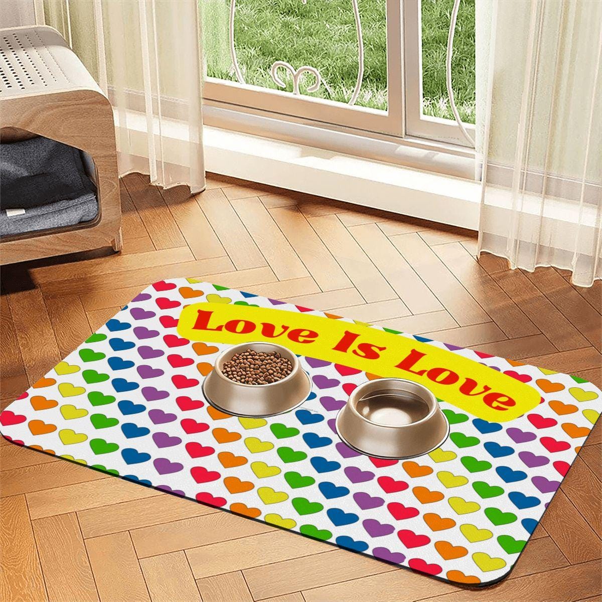 LGBTQ Pride Dog Food Mat - Rainbow Design Pet Bowl Placemat, Dog Food Matt, Keeps Kitchen Floor Clean, Catt Food Mat, Choice of 2 designs