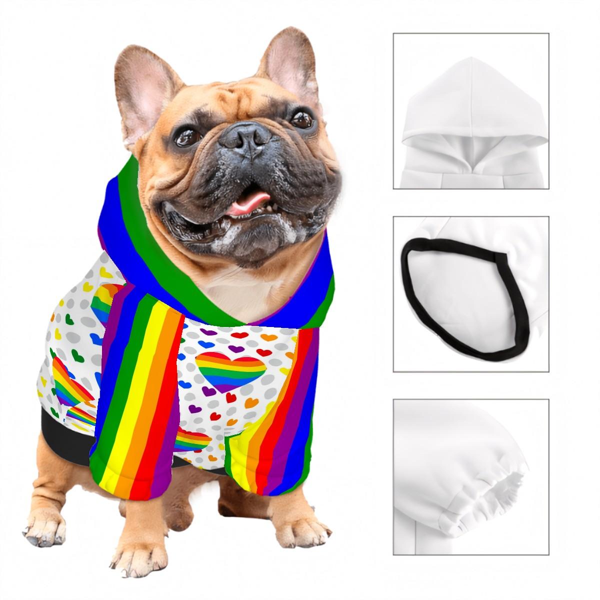 Rainbow Pride Flag Pet Hoodie with Hearts for Small Dogs, Dog Lovers Gift, Mothers Day Gift, Fathers Day Gift