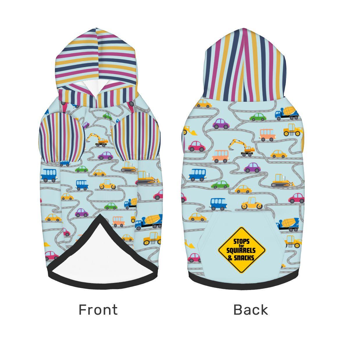 Unique Car Dog Hoodie, Driving with Warning Sign Stops for Squirrels and Snacks, Matching Pet Outfits