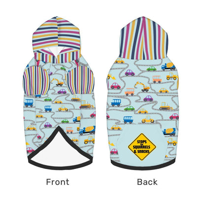 Unique Car Dog Hoodie, Driving with Warning Sign Stops for Squirrels and Snacks, Matching Pet Outfits