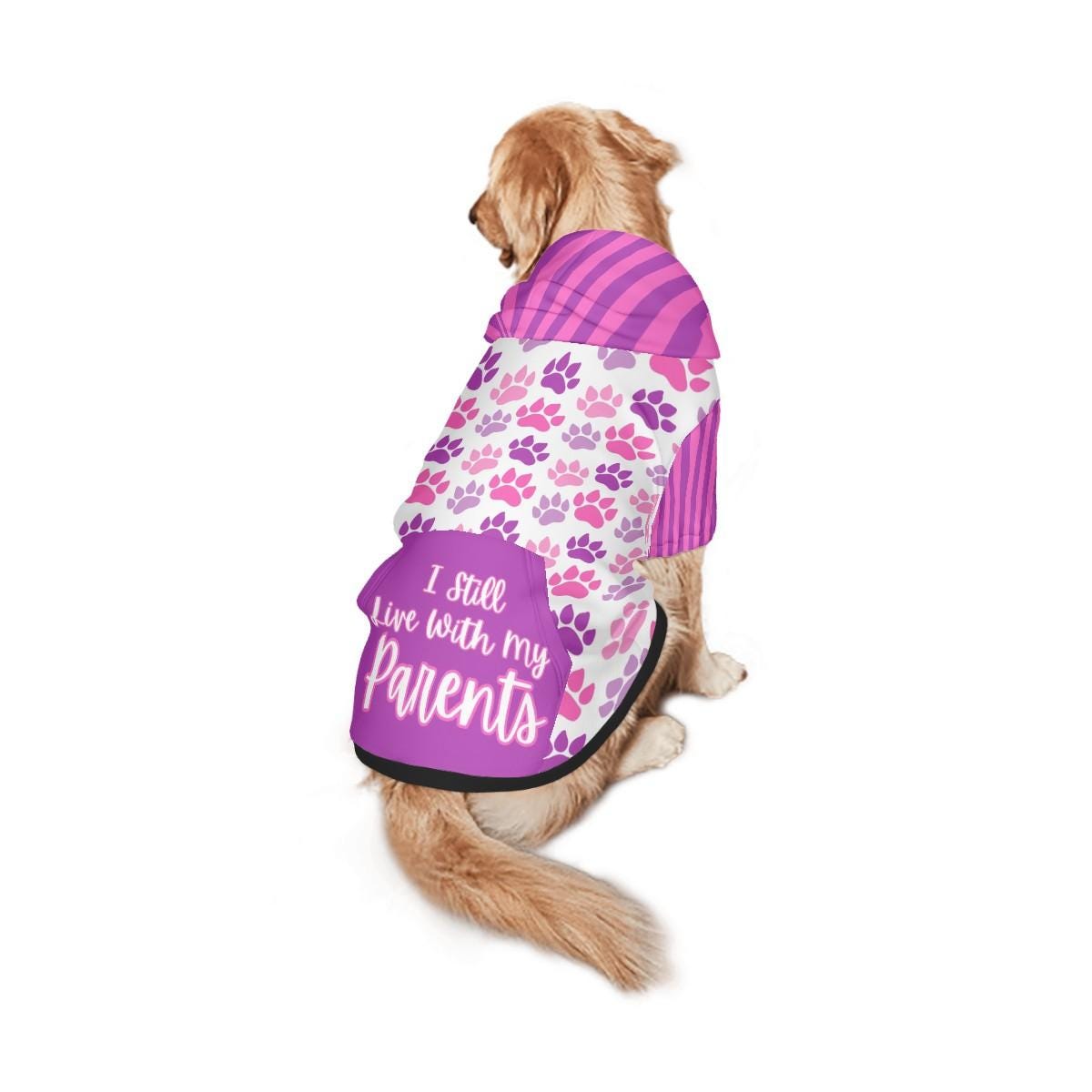 Vibrant Custom Pet Hoodie with I Still Live with my Parents, Cute Paw Print Design, Purple and Pink Paw Print Dog Hoodie Pet Clothes