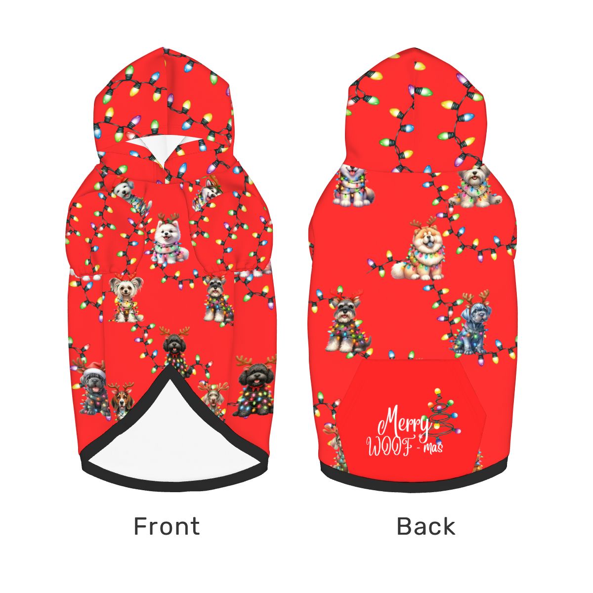 Red Christmas Dog Hoodie with Lights | Ideal for Cute Dog Holiday Pics "Merry Woof-mas"