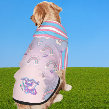Trans Flag Dog Hoodie - Love Is Love - Hearts Not Parts - LGBTQ Pet Apparel, Perfect Fashion for Pride Parade and Walks to the Park