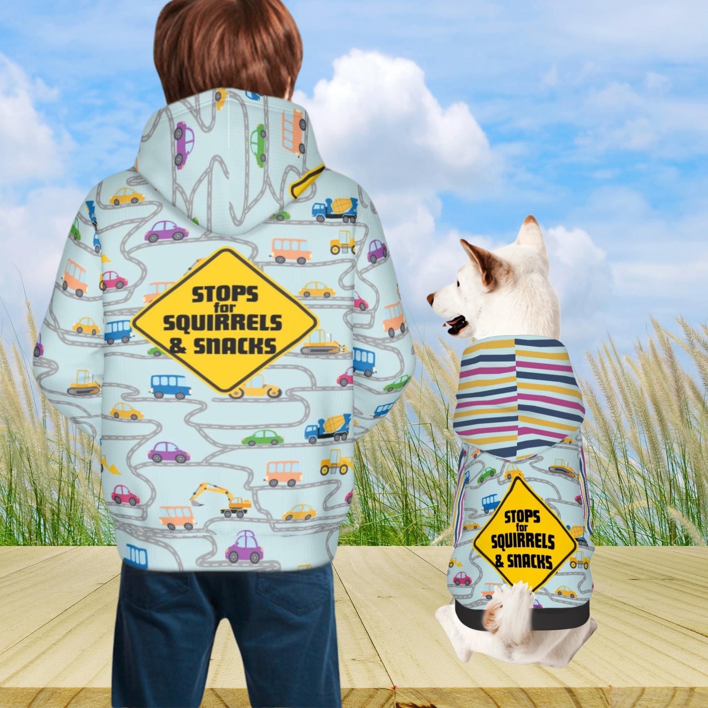 City Streets with Warning Sign, Stops for Squirrels and Snacks, Pet Hoodie for Dogs, Fun Car Driving, Matching Tee or Hoodie Available