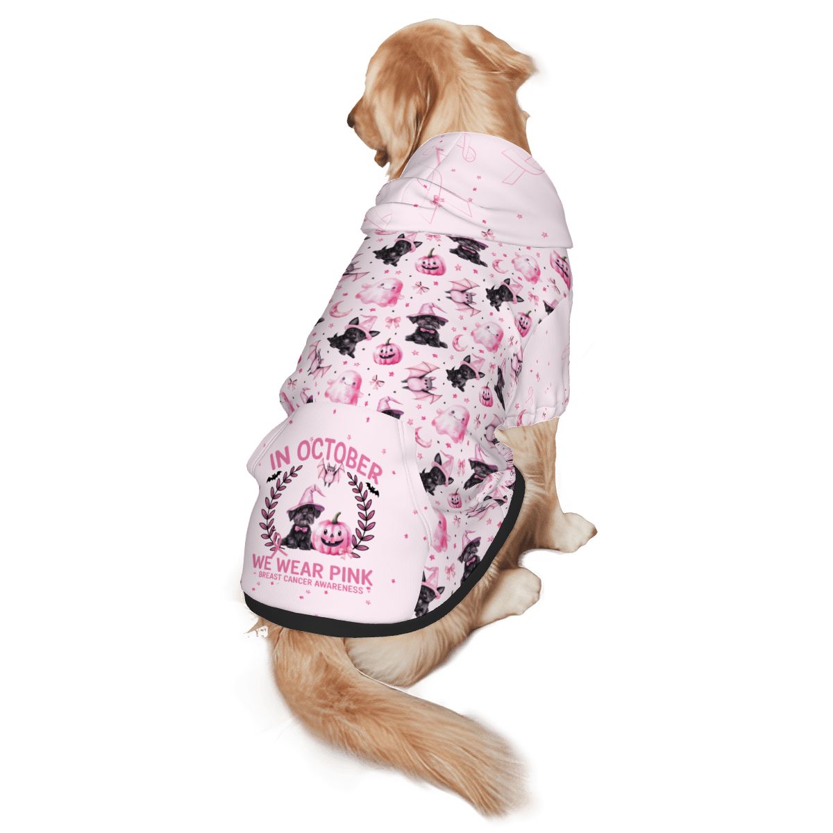 IN October We wear Pink, Breast Cancer Awareness Dog Hoodie - Pink Halloween Pet Costume, Ghosts, Bats, Cute Dog Outfit