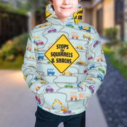 Colorful Kids Hoodie Featuring Cars, Dog Driver, and Warning Sign - Trendy Apparel,