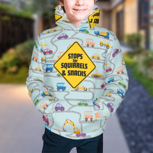 Colorful Kids Hoodie Featuring Cars, Dog Driver, and Warning Sign - Trendy Apparel,