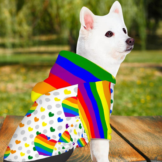 Rainbow Pride Flag Pet Hoodie with Hearts for Small Dogs, Dog Lovers Gift, Mothers Day Gift, Fathers Day Gift