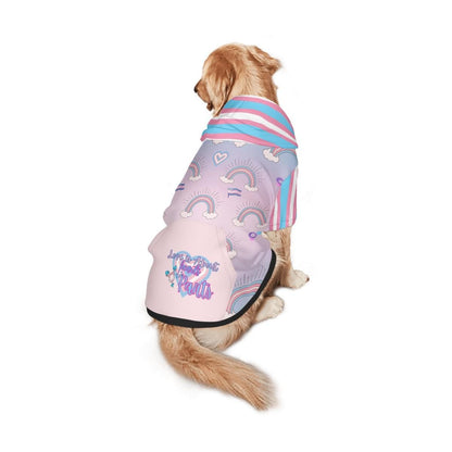 Trans Flag Dog Hoodie - Love Is Love - Hearts Not Parts - LGBTQ Pet Apparel, Perfect Fashion for Pride Parade and Walks to the Park