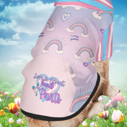 Trans Flag Dog Hoodie - Love Is Love - Hearts Not Parts - LGBTQ Pet Apparel, Perfect Fashion for Pride Parade and Walks to the Park