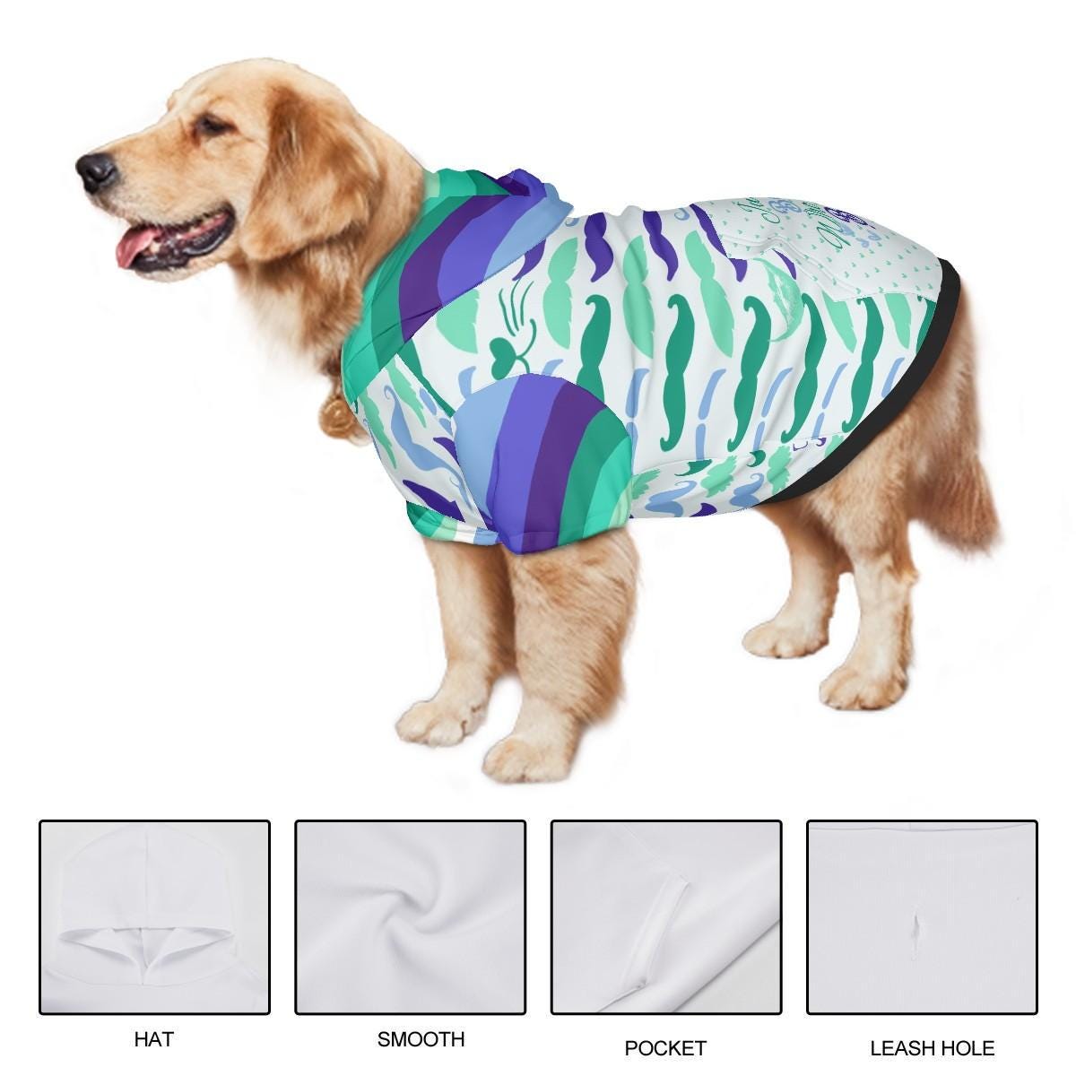 Gay Men's Flag Color Blue Dog Hoodie with Mustaches Design, Fun Fashionable Dog Hoodie in sizes Small to XXL, Fathers Day gift