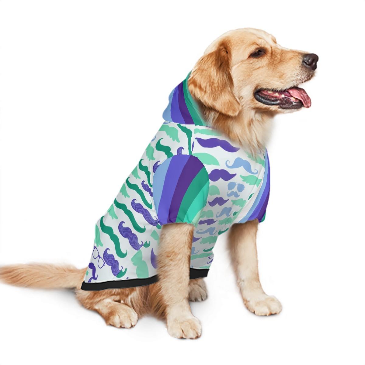 Gay Men's Flag Color Blue Dog Hoodie with Mustaches Design, Fun Fashionable Dog Hoodie in sizes Small to XXL, Fathers Day gift