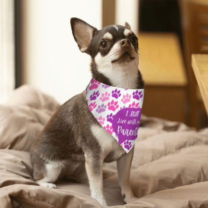 I Still Live with my Parents Small Dog bandana, Why Leave, They Feed Me on the Reversed Side, Pink and Purple Bandana, Perfect for Outings