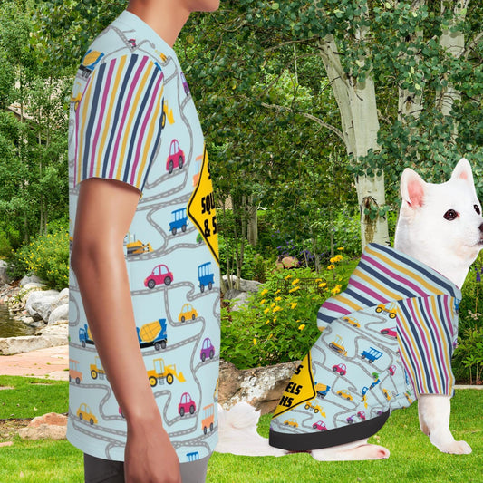 City Streets with Warning Sign, Stops for Squirrels and Snacks, Pet Hoodie for Dogs, Fun Car Driving, Matching Tee or Hoodie Available