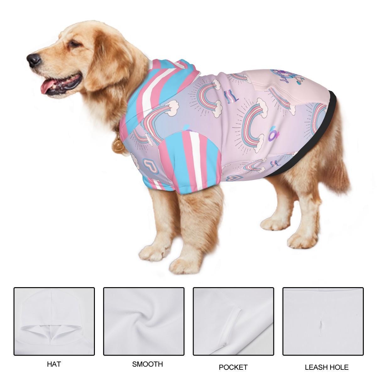 Trans Flag Dog Hoodie - Love Is Love - Hearts Not Parts - LGBTQ Pet Apparel, Perfect Fashion for Pride Parade and Walks to the Park