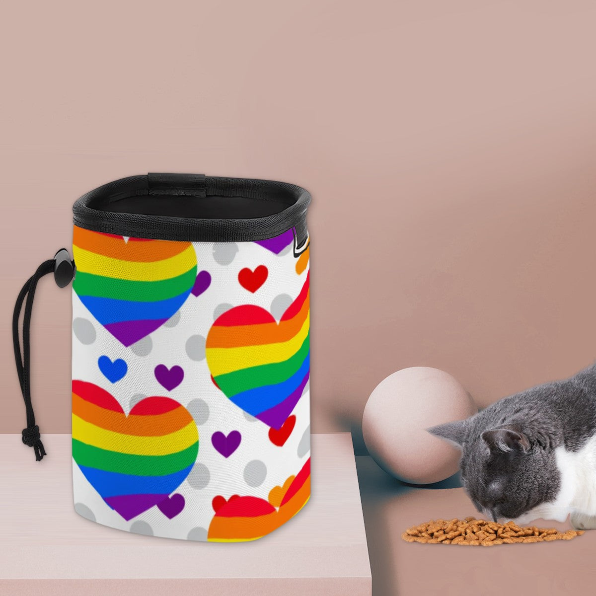 Fun & Functional Pet Treat Carrier   My Favorite Design, Pride Rainbow Hearts, No Spill Design with Convenient Long Strap!