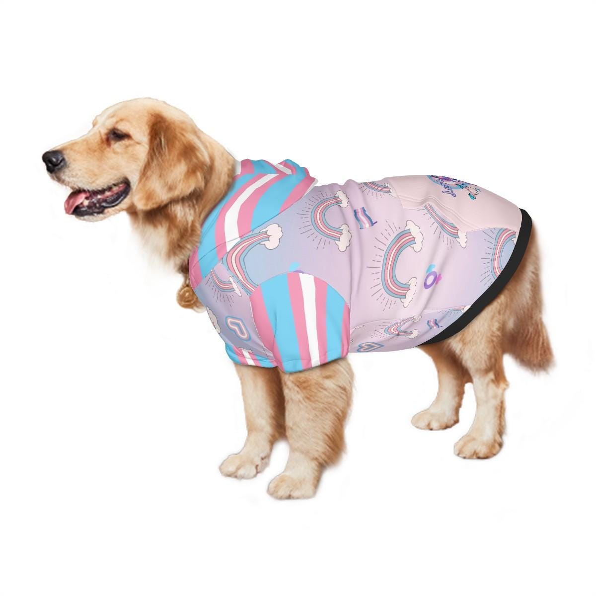 Trans Flag Dog Hoodie - Love Is Love - Hearts Not Parts - LGBTQ Pet Apparel, Perfect Fashion for Pride Parade and Walks to the Park