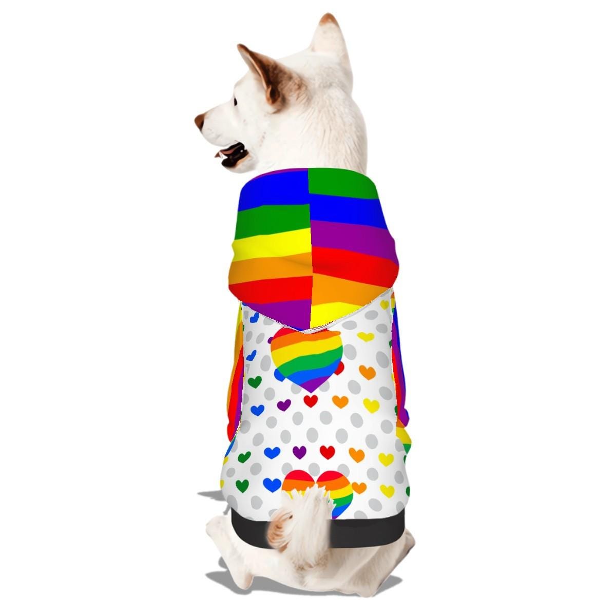 Rainbow Pride Flag Pet Hoodie with Hearts for Small Dogs, Dog Lovers Gift, Mothers Day Gift, Fathers Day Gift