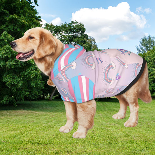 Trans Flag Dog Hoodie - Love Is Love - Hearts Not Parts - LGBTQ Pet Apparel, Perfect Fashion for Pride Parade and Walks to the Park