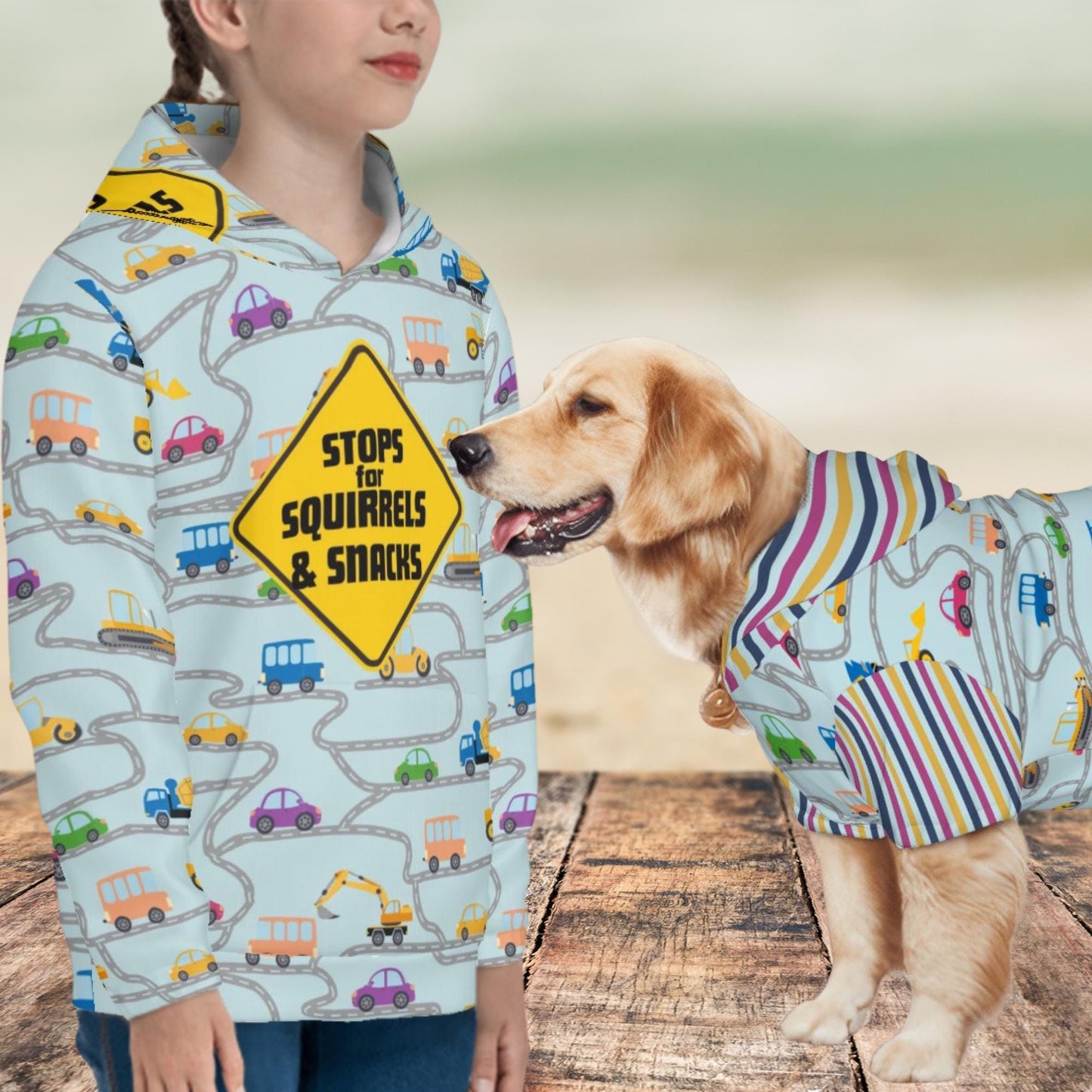 Colorful Kids Hoodie Featuring Cars, Dog Driver, and Warning Sign - Trendy Apparel,