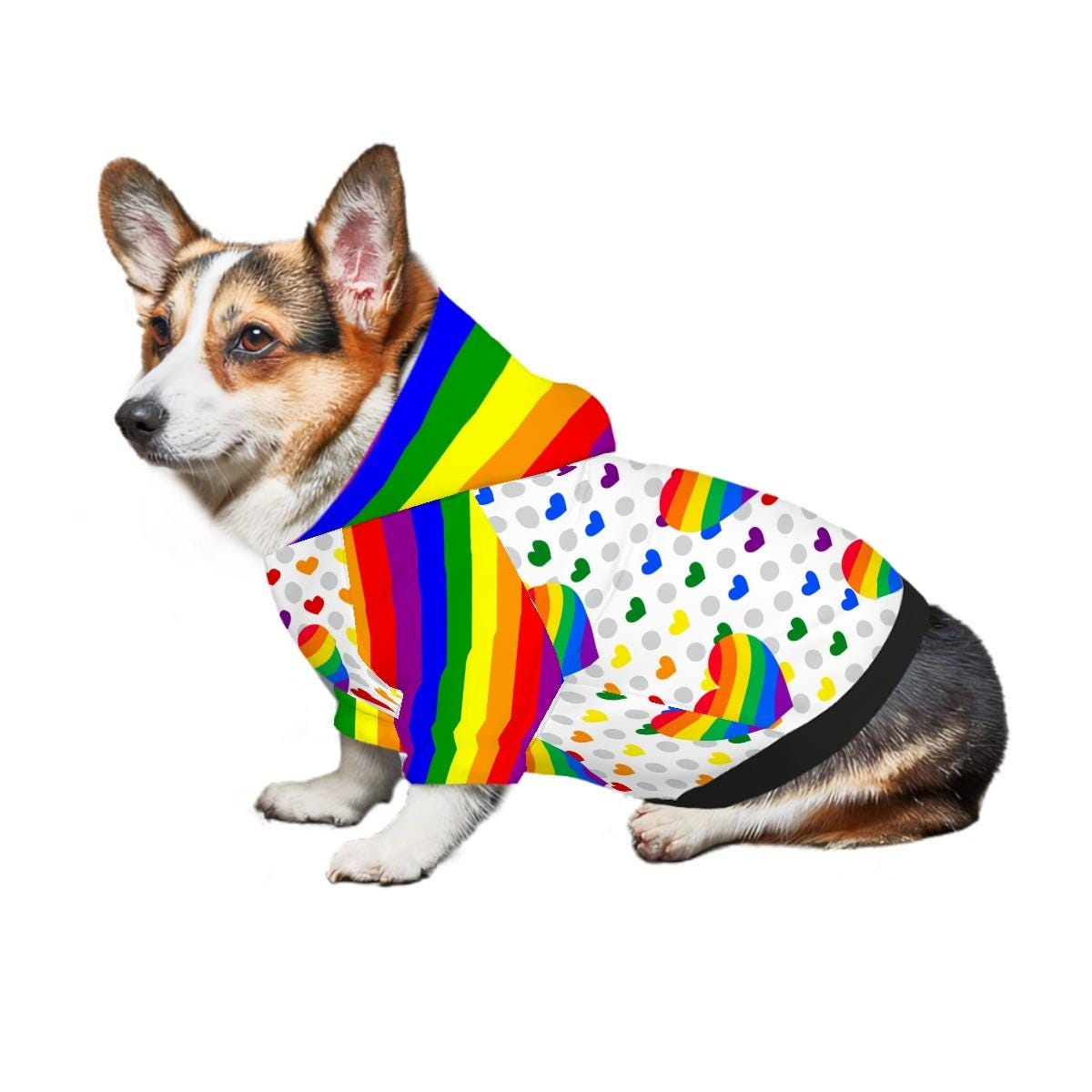 Rainbow Pride Flag Pet Hoodie with Hearts for Small Dogs, Dog Lovers Gift, Mothers Day Gift, Fathers Day Gift