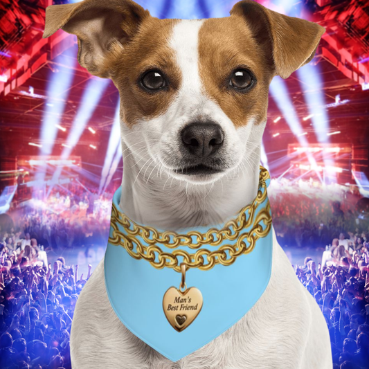 Small Dog Bandana in Blue with Bling and Gold Necklace – 'Man's Best Friend' Inspired by Sabrina Carpenter, reversible with GoGo Juice Fanart
